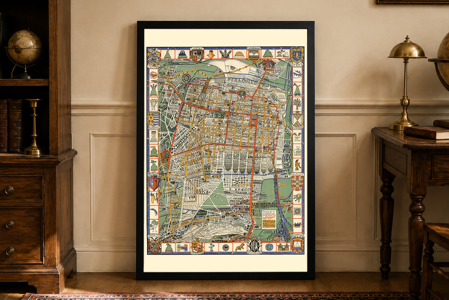 Plakat z mapą miasta Meksyk z 1932 roku - Ozdobny plan obrazkowy z symbolami Azteków