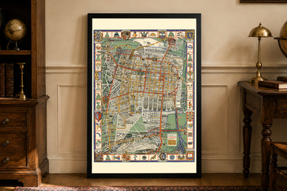 Plakat z mapą miasta Meksyk z 1932 roku - Ozdobny plan obrazkowy z symbolami Azteków