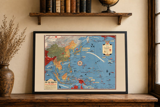 1944 Pacific Theater Map Poster - On To Tokyo Pictorial WWII Print of Asia and Pacific