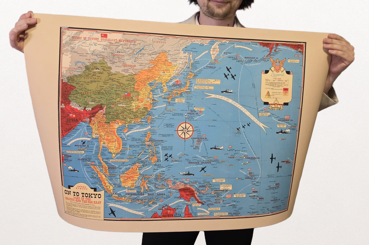 1944 Pacific Theater Map Poster - On To Tokyo Pictorial WWII Print of Asia and Pacific
