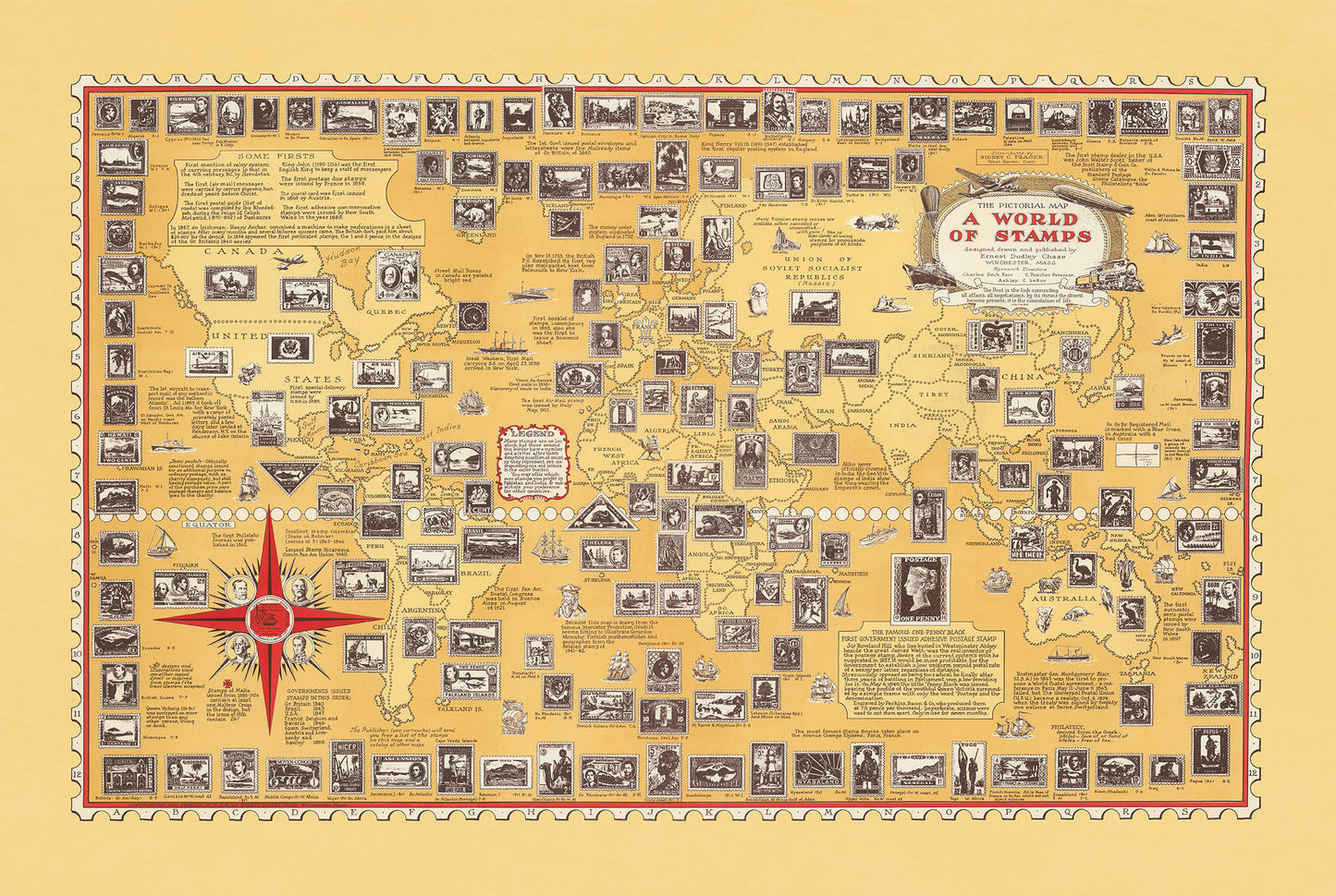 A World of Stamps Map Poster (1947) - Vintage Philately & Postal History Wall Art