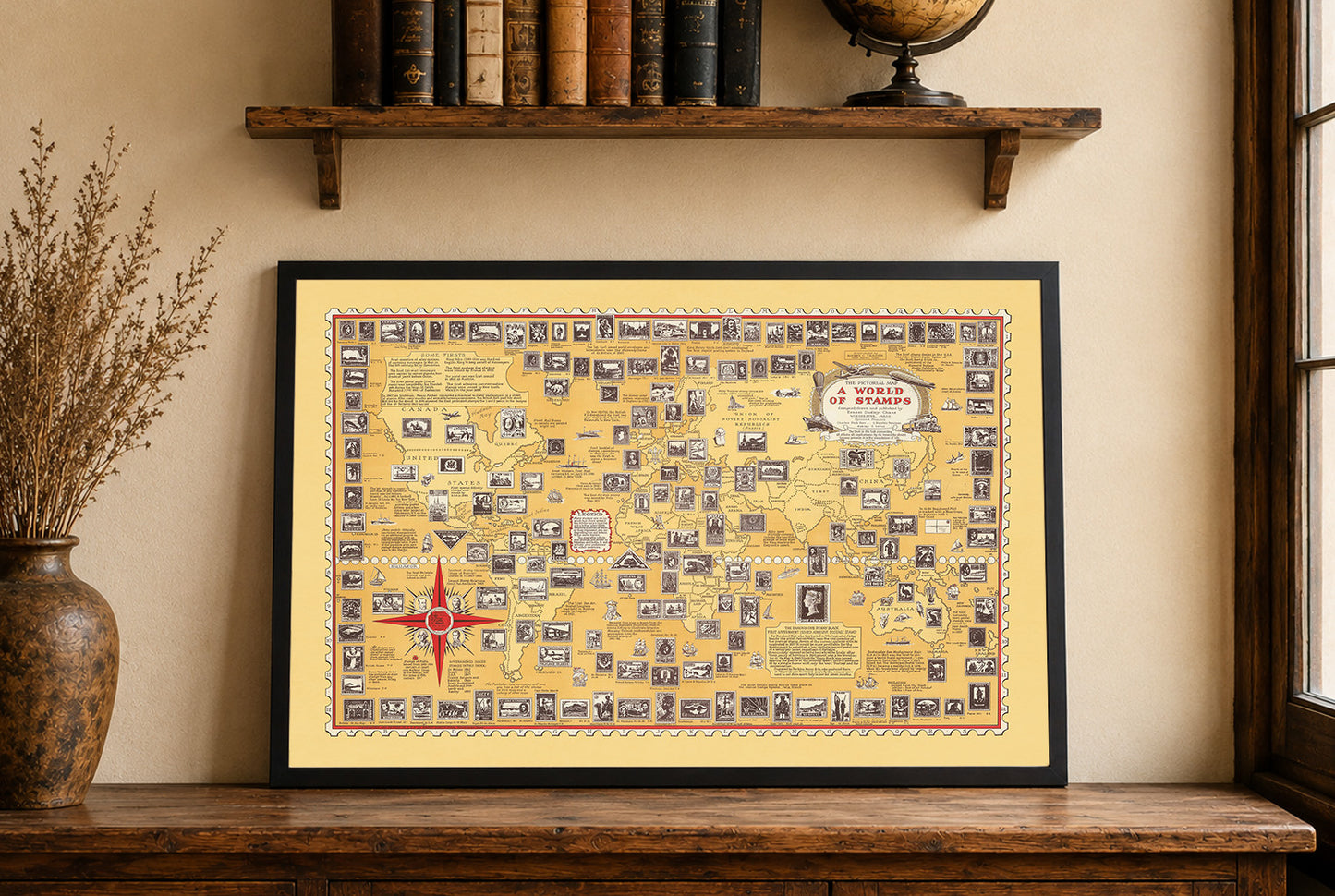 A World of Stamps Map Poster (1947) - Vintage Philately & Postal History Wall Art