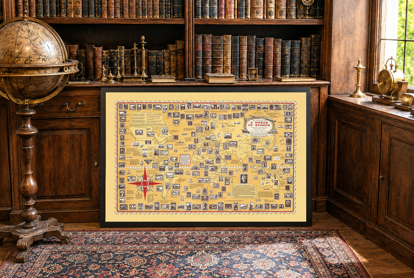 A World of Stamps Map Poster (1947) - Vintage Philately & Postal History Wall Art