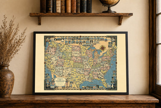 Plakat America the Wonderland (1941) - Vintage Ilustrowana Mapa USA do Dekoracji Ściennej