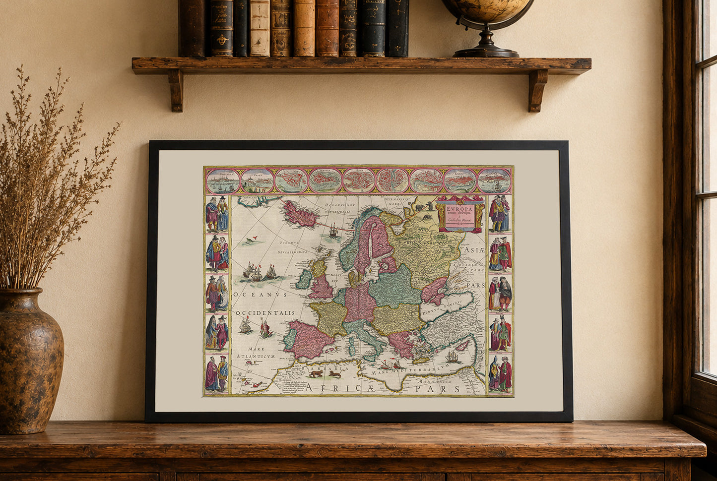Europa 1665 - Historische Karte mit Adelskostümen und großen Städten