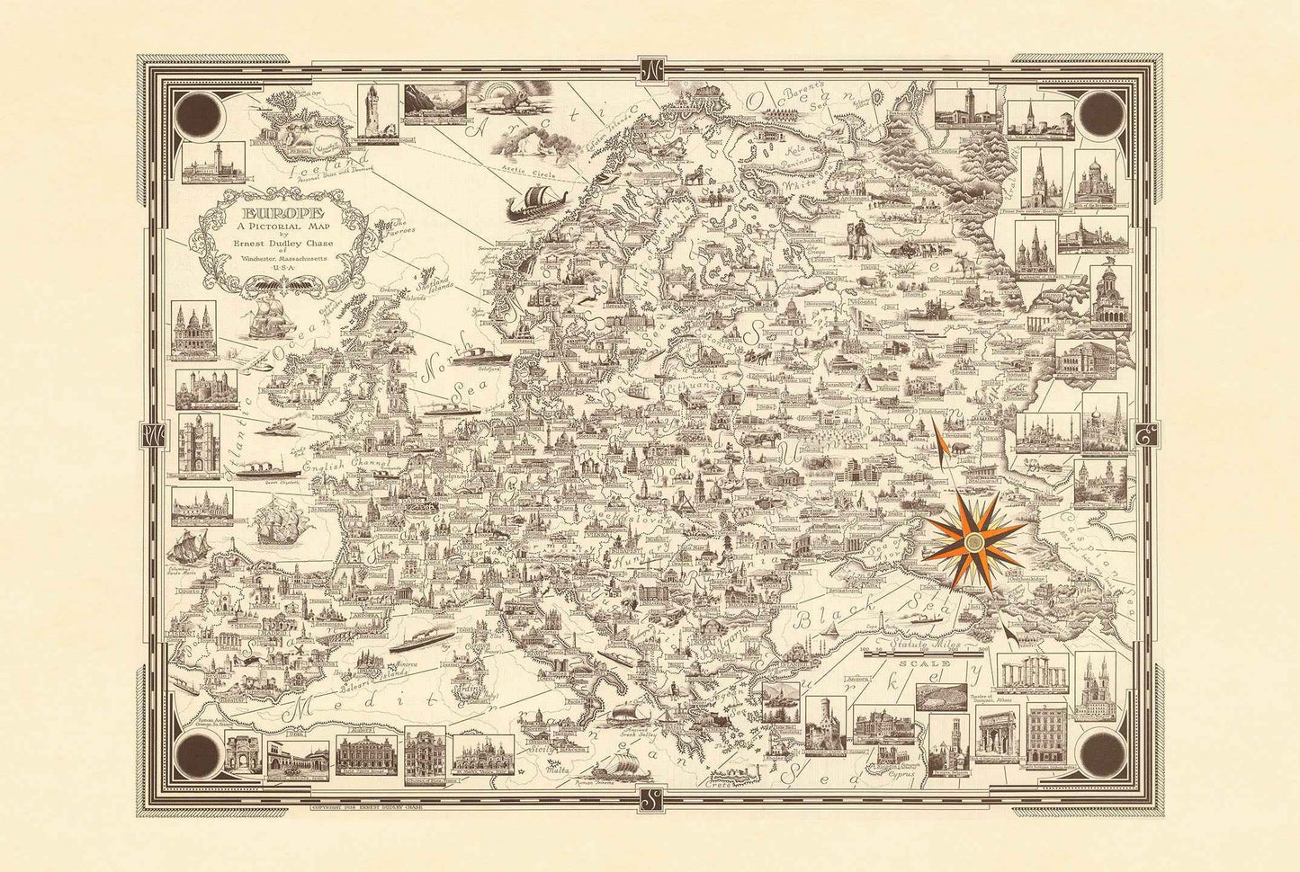 Europe Pictorial Map Poster (1938) - Vintage European Landmarks Wall Art