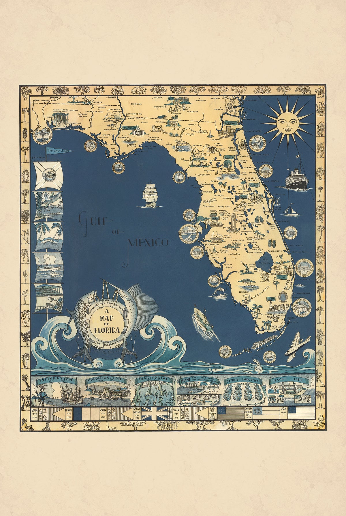 Florida 1935 - Sunshine State - Eleanore & Richard Foster Pictorial Map Poster