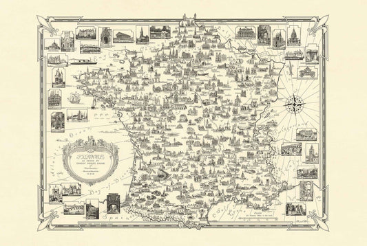 France Pictorial Map Poster (1935) - Vintage French Landmarks Wall Art
