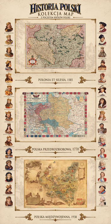 Sammlung zur Geschichte Polens - 3 historische Karten & polnische Herrscher - Kartenposter