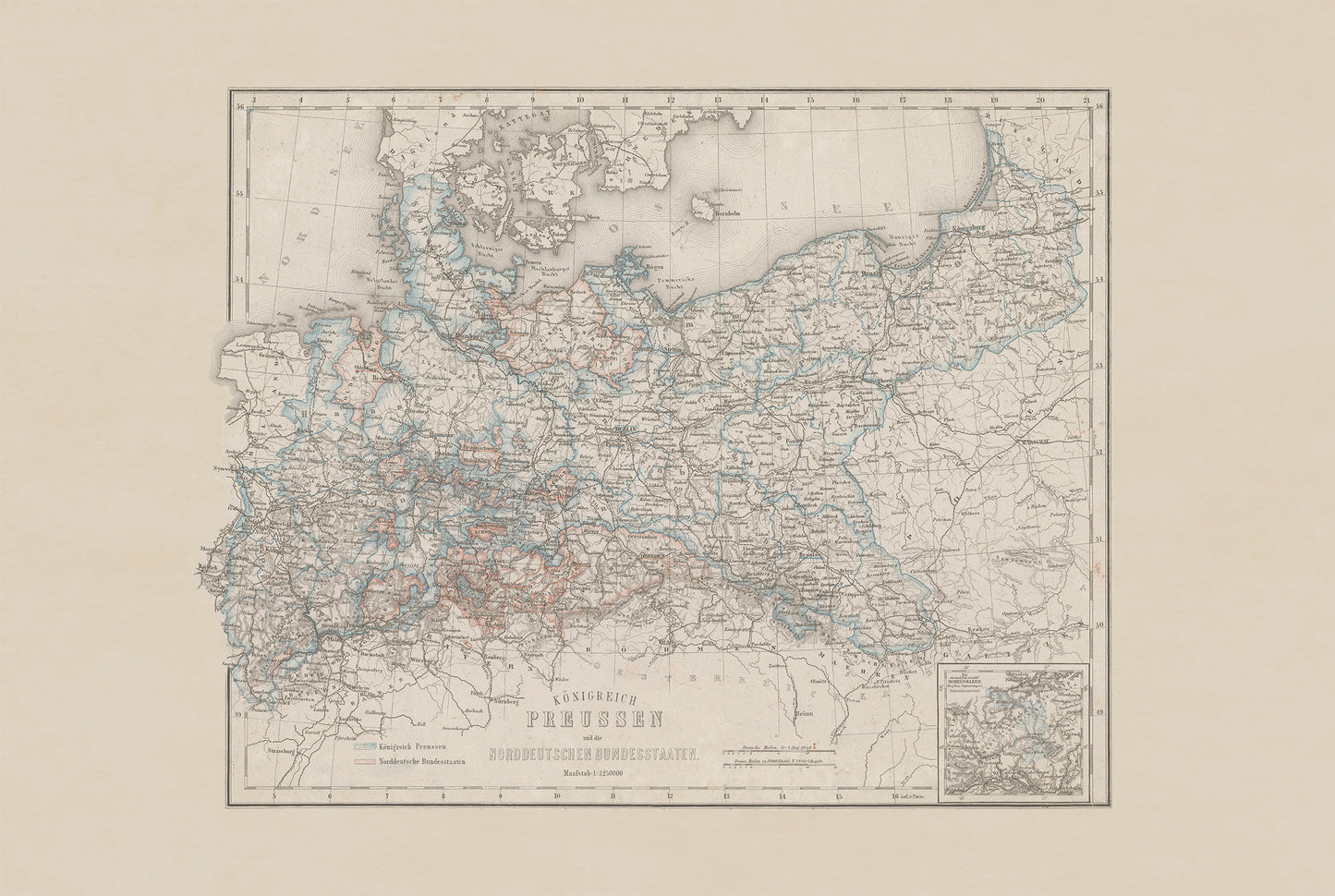Kingdom of Prussia Map Poster (1871) - Vintage North German States Historical Wall Art