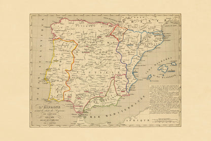Medieval Iberia 1212-1492 - Reconquista - Antoine Philippe Houze 1844 Historical Map Poster