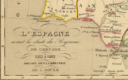 Medieval Iberia 1212-1492 - Reconquista - Antoine Philippe Houze 1844 Historical Map Poster