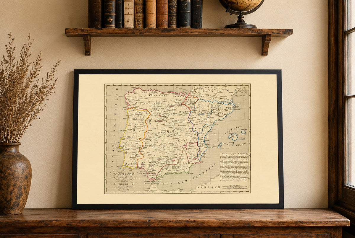 Medieval Iberia 1212-1492 - Reconquista - Antoine Philippe Houze 1844 Historical Map Poster