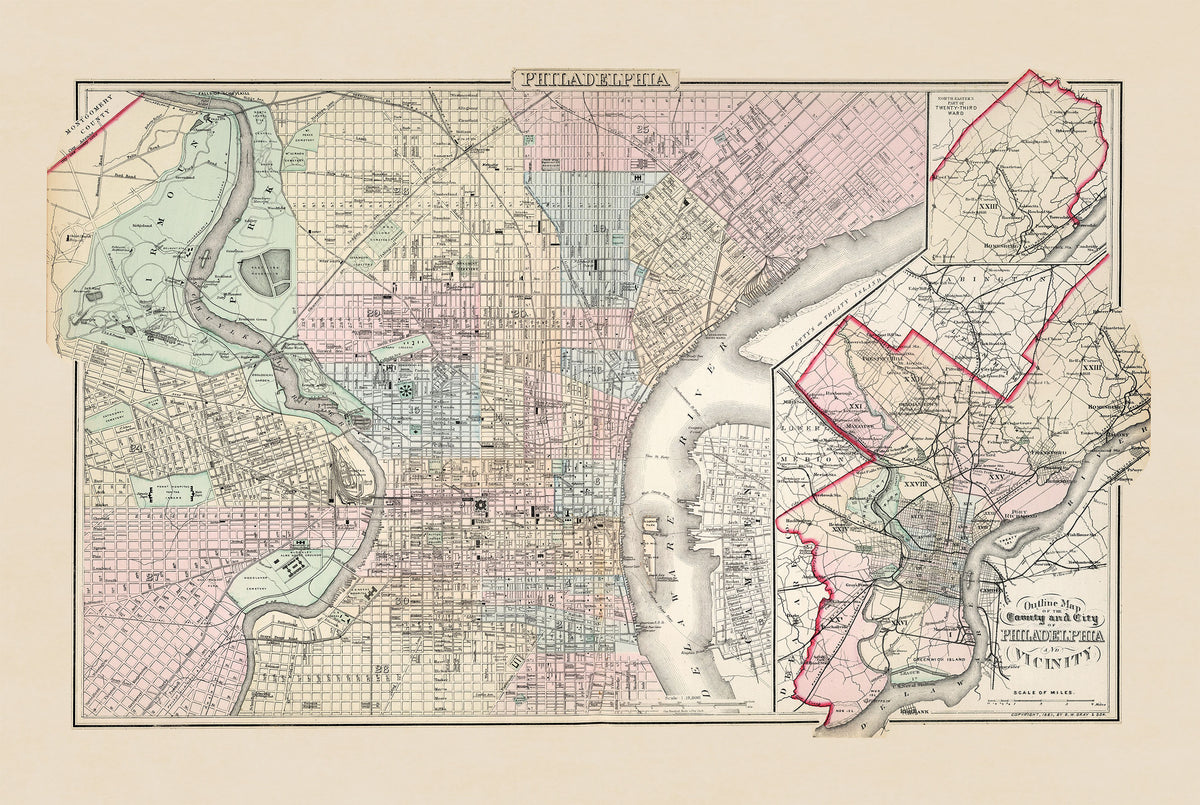 Philadelphie 1883 - Carte Historique de la Ville