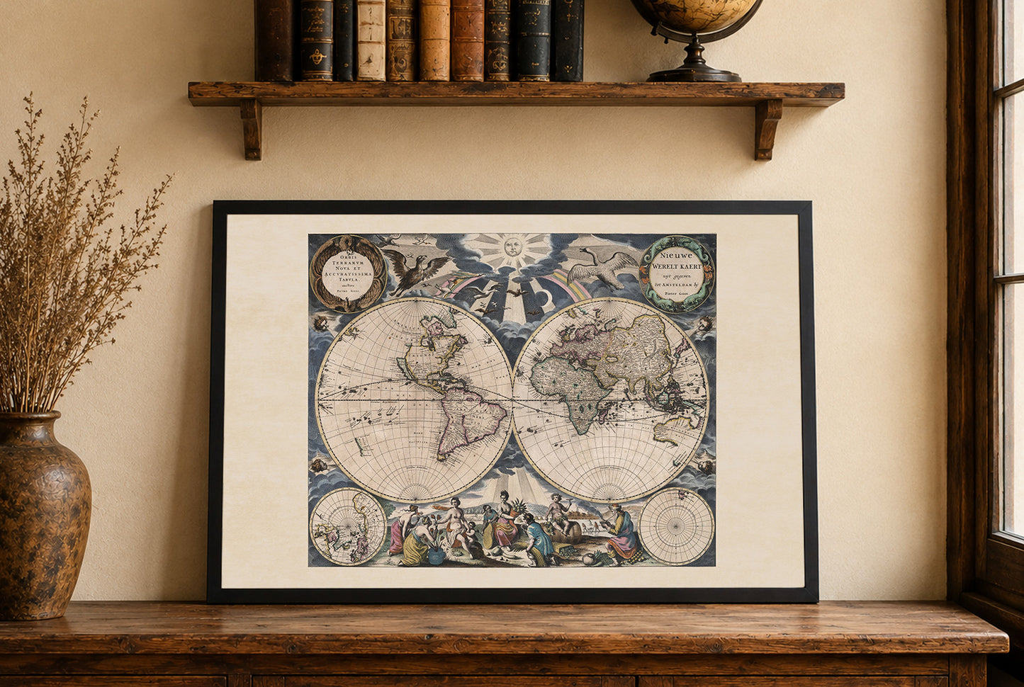 Póster del mapa mundial de Pieter Goos 1667 - con ilustración ornamentada y estilo atlas