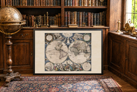 Pieter Goos 1667 World Map Poster - with Ornate Illustration and Atlas Style