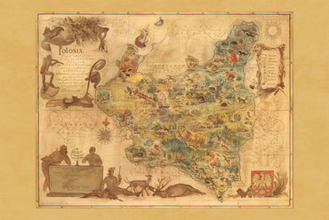Mapa Polski 1938 - druk „Poloniae”, ilustracyjna mapa autorstwa Tadeusza Lipskiego i Eliasza Kanarka | vintage dekoracja ścienna z Wystawy Światowej