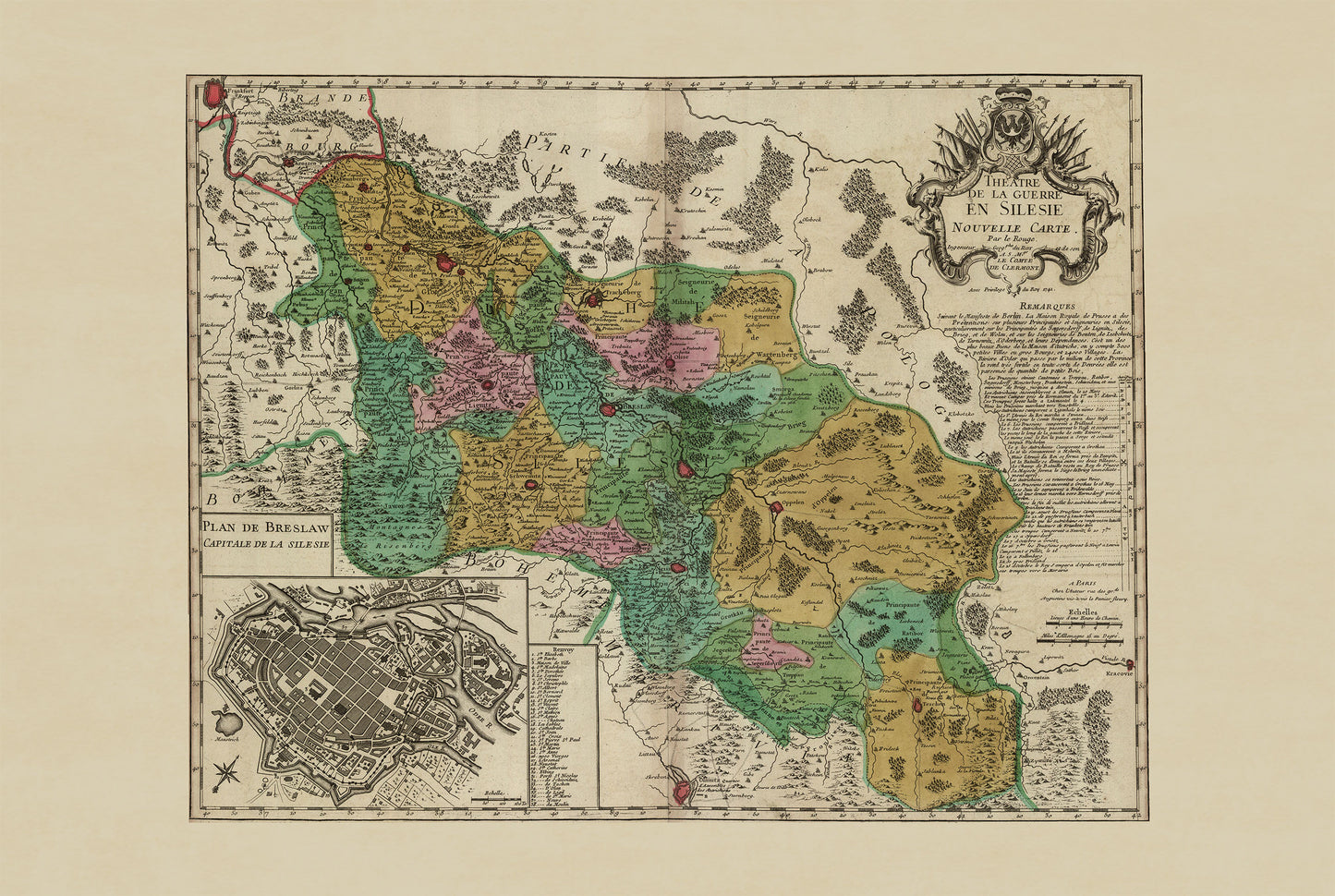 Poster mit Karte von Schlesien – Erster Schlesischer Krieg, 1741 | Georges-Louis Le Rouge