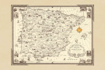 Spain & Portugal Pictorial Map Poster (1935) - Vintage Iberian Peninsula Wall Art