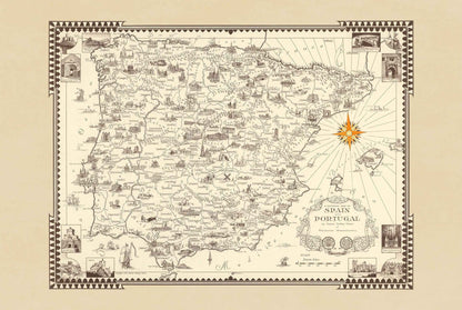 Spain & Portugal Pictorial Map Poster (1935) - Vintage Iberian Peninsula Wall Art