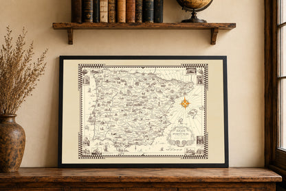 Spain & Portugal Pictorial Map Poster (1935) - Vintage Iberian Peninsula Wall Art