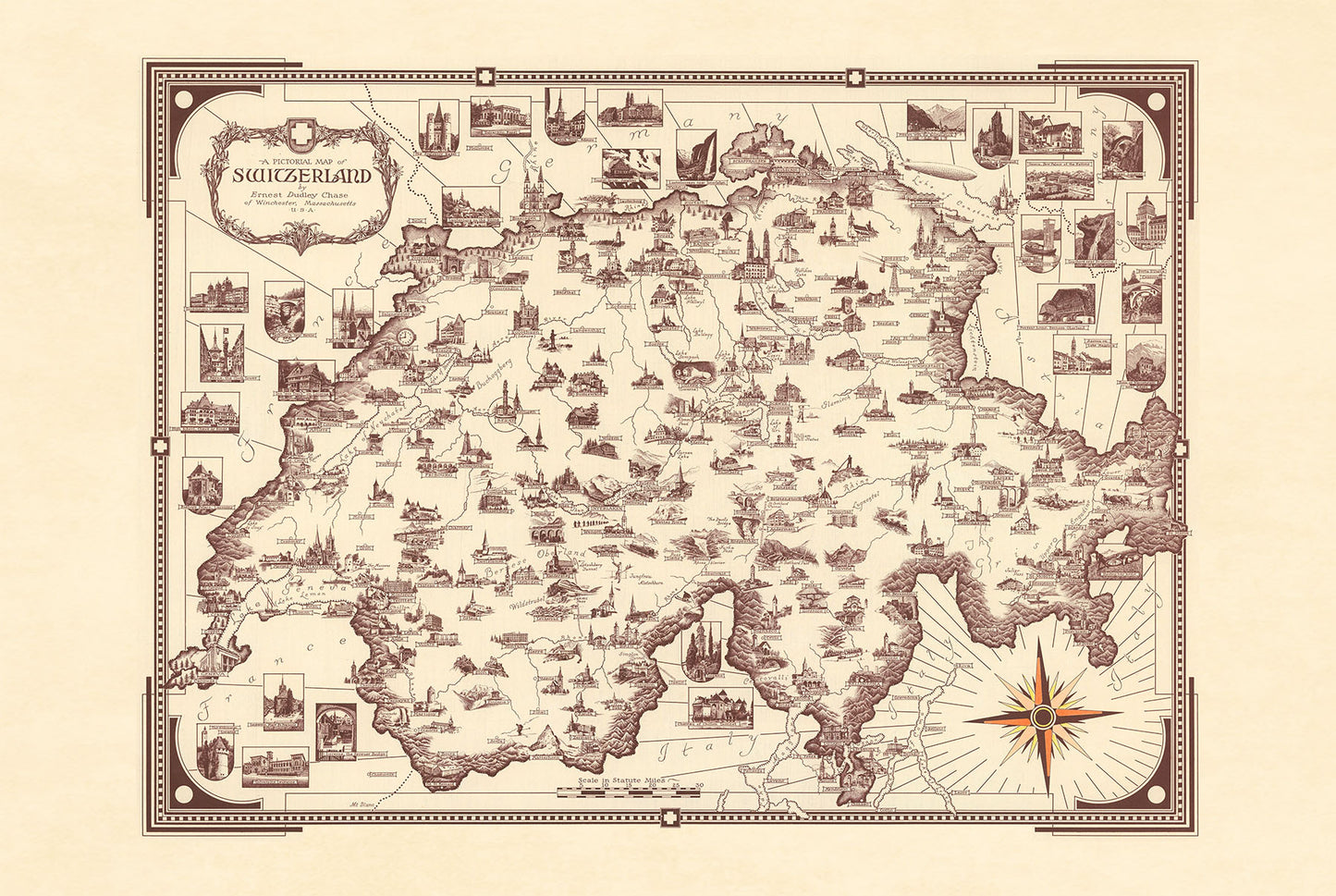 Switzerland Pictorial Map Poster (1936) - Vintage Swiss Travel Wall Art