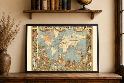 Victorian Era British Empire Map Poster (1886) Featuring Global Regions and Cultural Attire