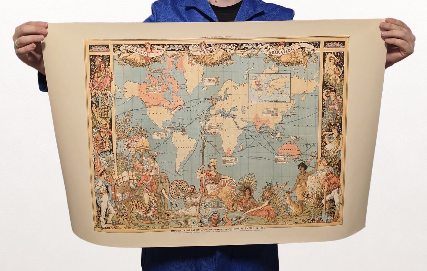 Victorian Era British Empire Map Poster (1886) Featuring Global Regions and Cultural Attire