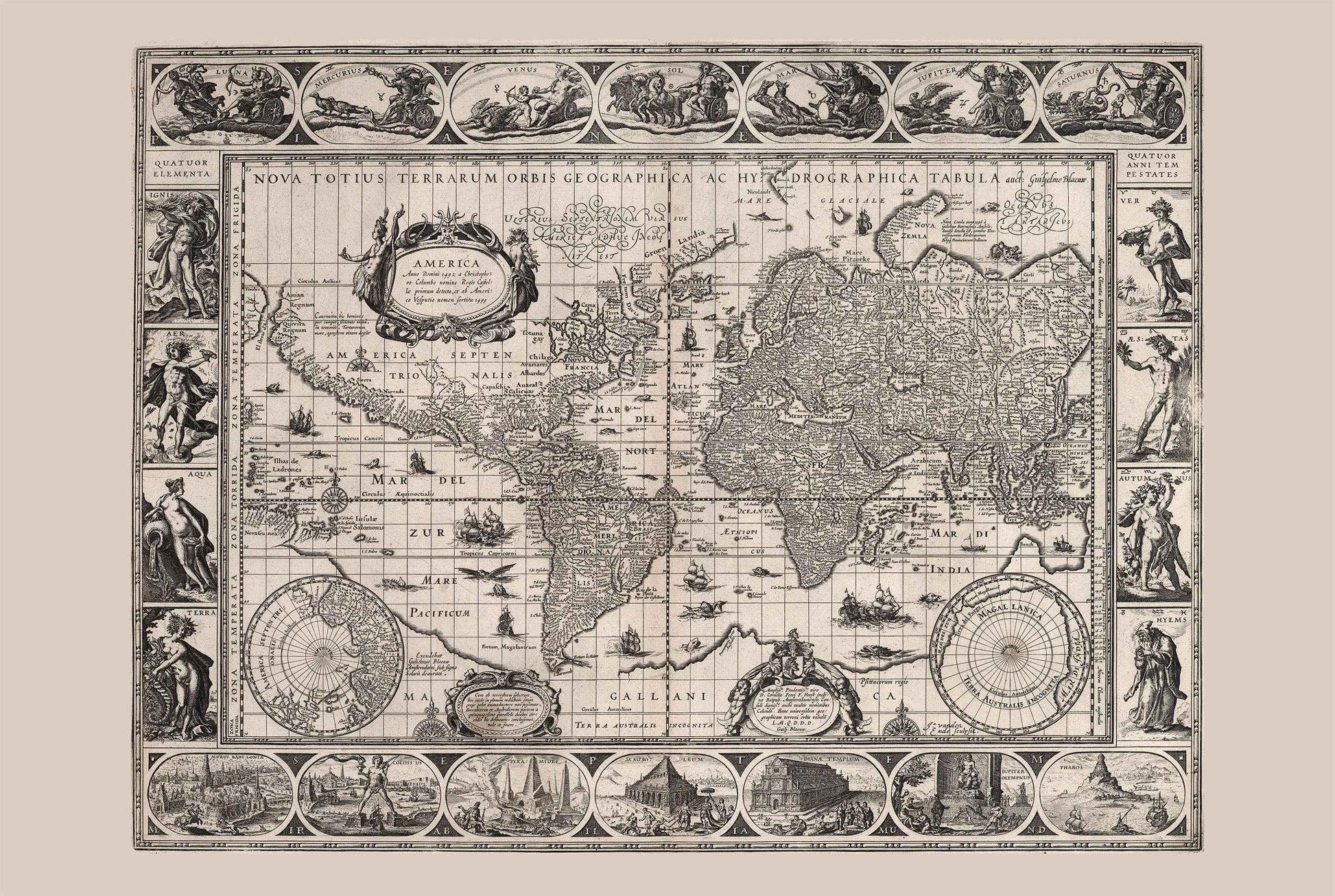 Vintage World Map (1630) - Fine Art Print Showing Mythology and Seven Wonders - Strategy Maps