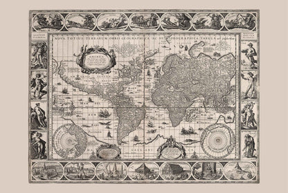Vintage World Map (1630) - Fine Art Print Showing Mythology and Seven Wonders - Strategy Maps