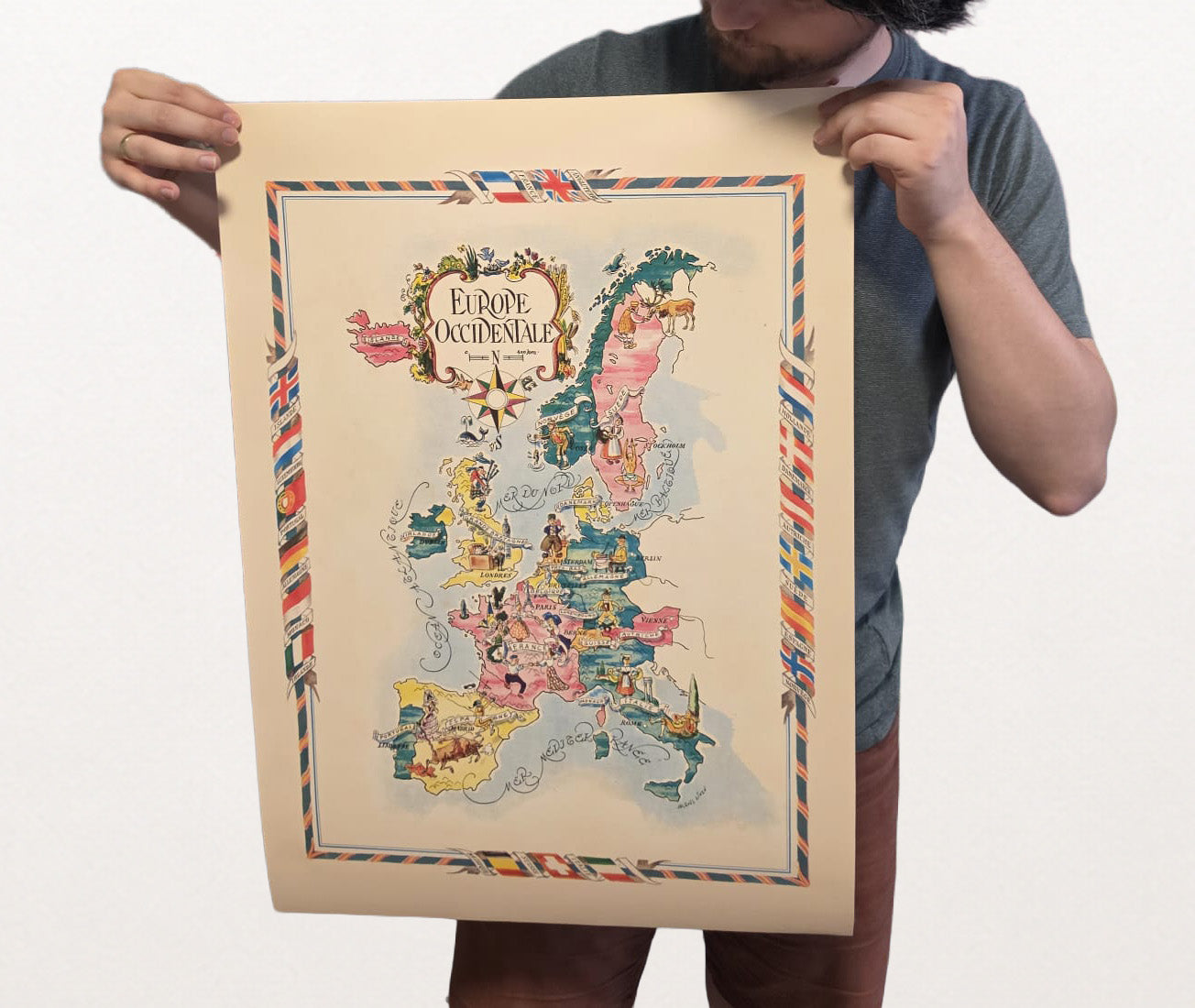 Carte illustrée de l'Europe de l'Ouest - Carte géographique vintage avec villes et faune