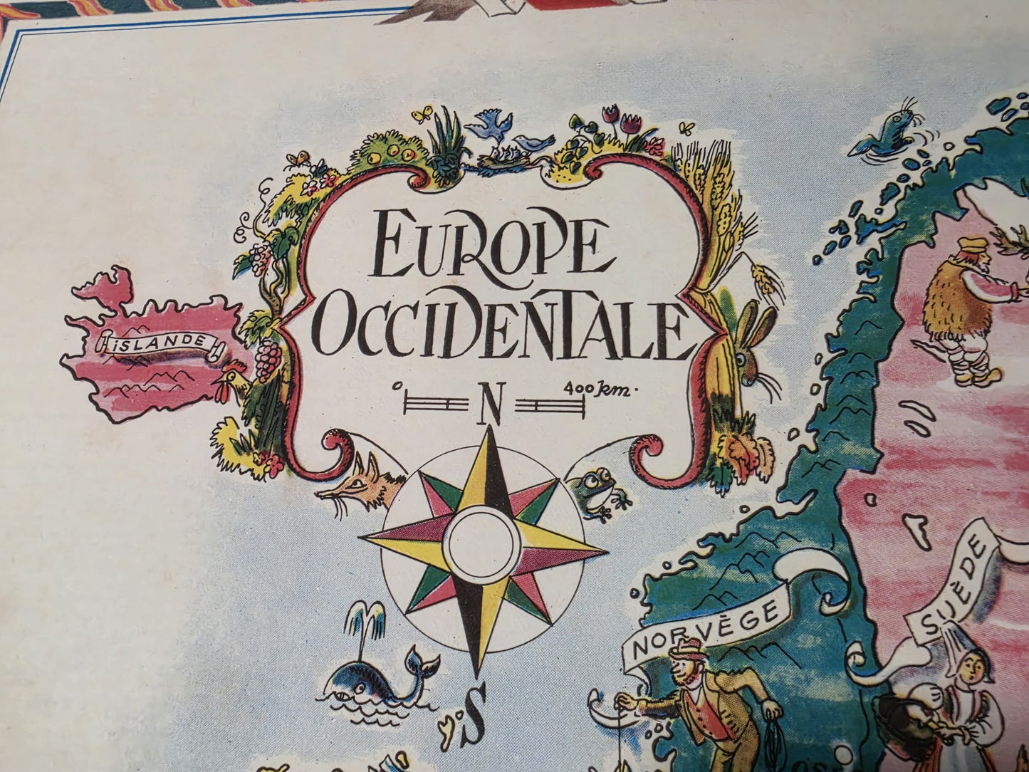 Carte illustrée de l'Europe de l'Ouest - Carte géographique vintage avec villes et faune