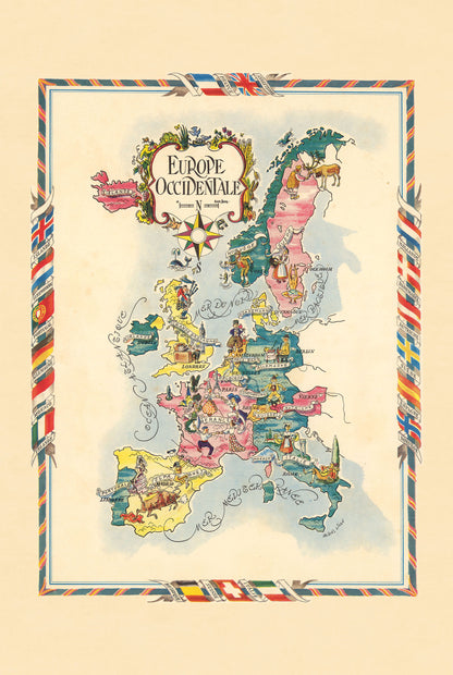 Carte illustrée de l'Europe de l'Ouest - Carte géographique vintage avec villes et faune