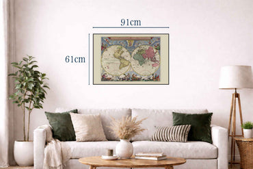 Vintage World Map 1665 by Joan Blaeu - Double Hemisphere Atlas Print with Decorative Detail - Strategy Maps