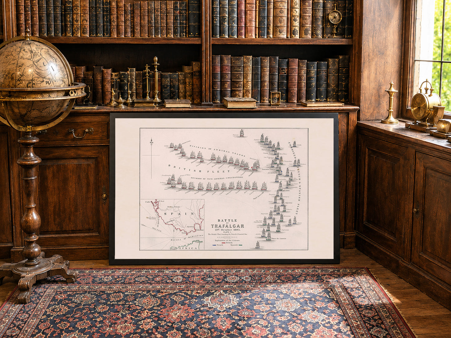 Gravure cartographique Bataille de Trafalgar 1805 - Carte navale historique avec positions des flottes