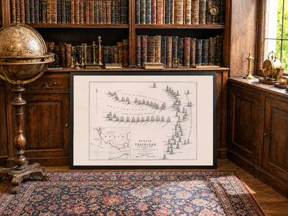 Gravure cartographique Bataille de Trafalgar 1805 - Carte navale historique avec positions des flottes
