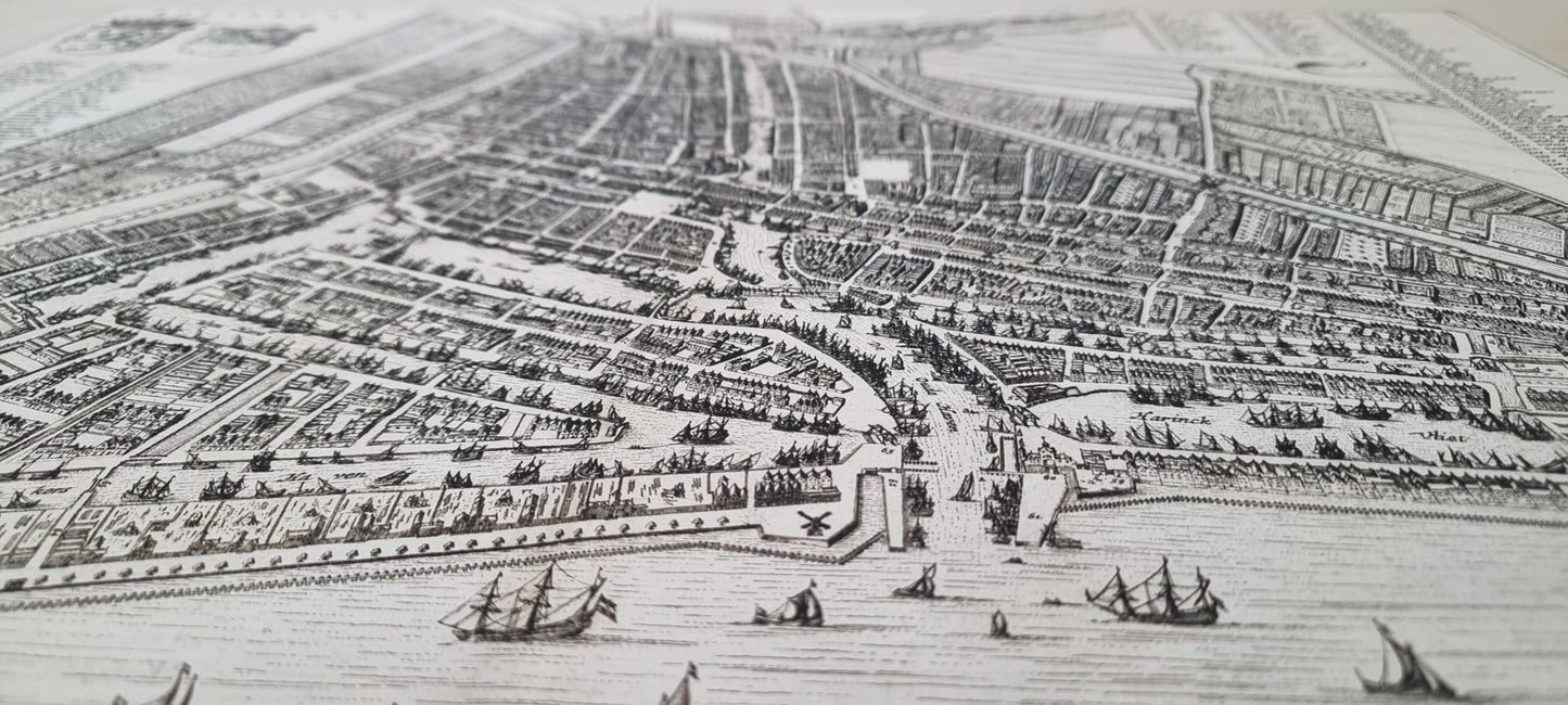 Plakat Mapa Rotterdamu 1652 - Szczegółowy plan miasta z lotu ptaka z ulicami i drogami wodnymi