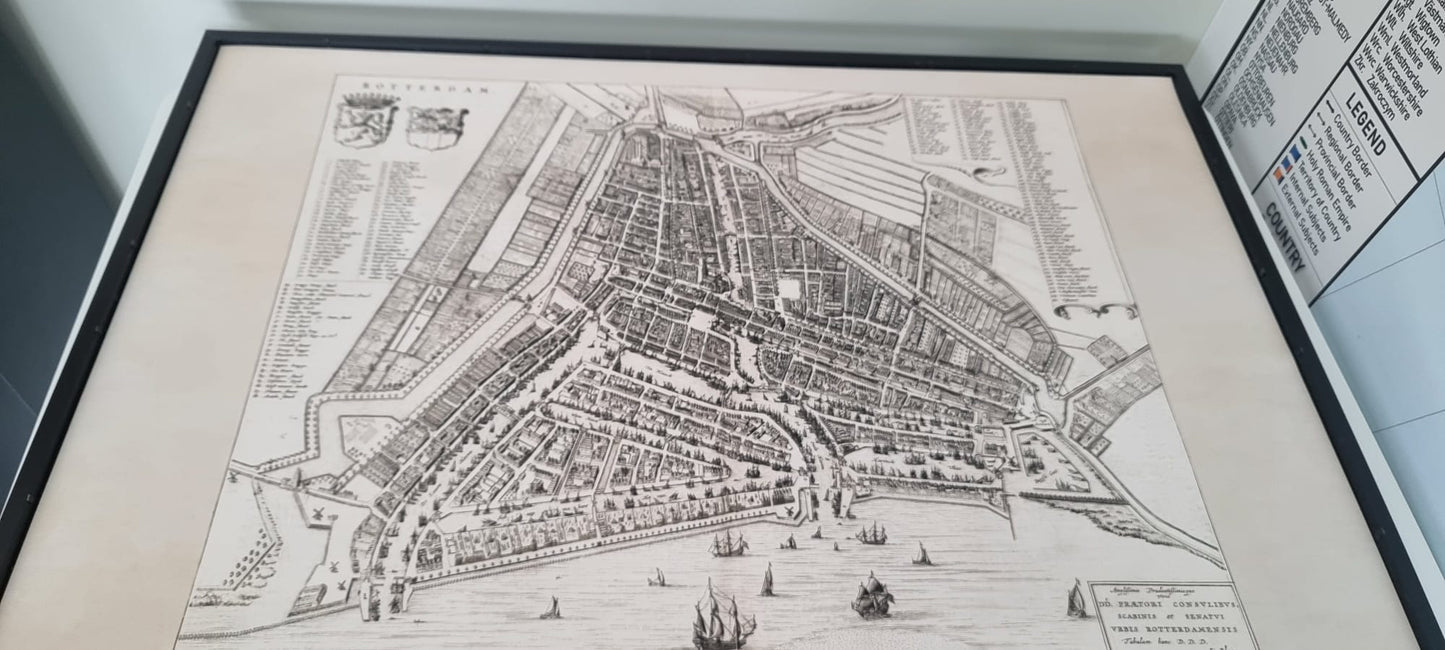 Plakat Mapa Rotterdamu 1652 - Szczegółowy plan miasta z lotu ptaka z ulicami i drogami wodnymi