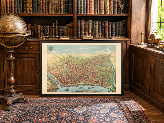 Plakat Saigon 1902 - Mapa panoramiczna Ho Chi Minh z rzeką, bulwarami i działalnością portową
